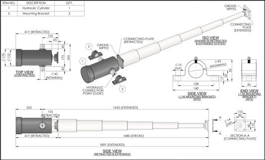 6 Stage Hydraulic Cylinder 1480mm Stroke / 8000KG Rated