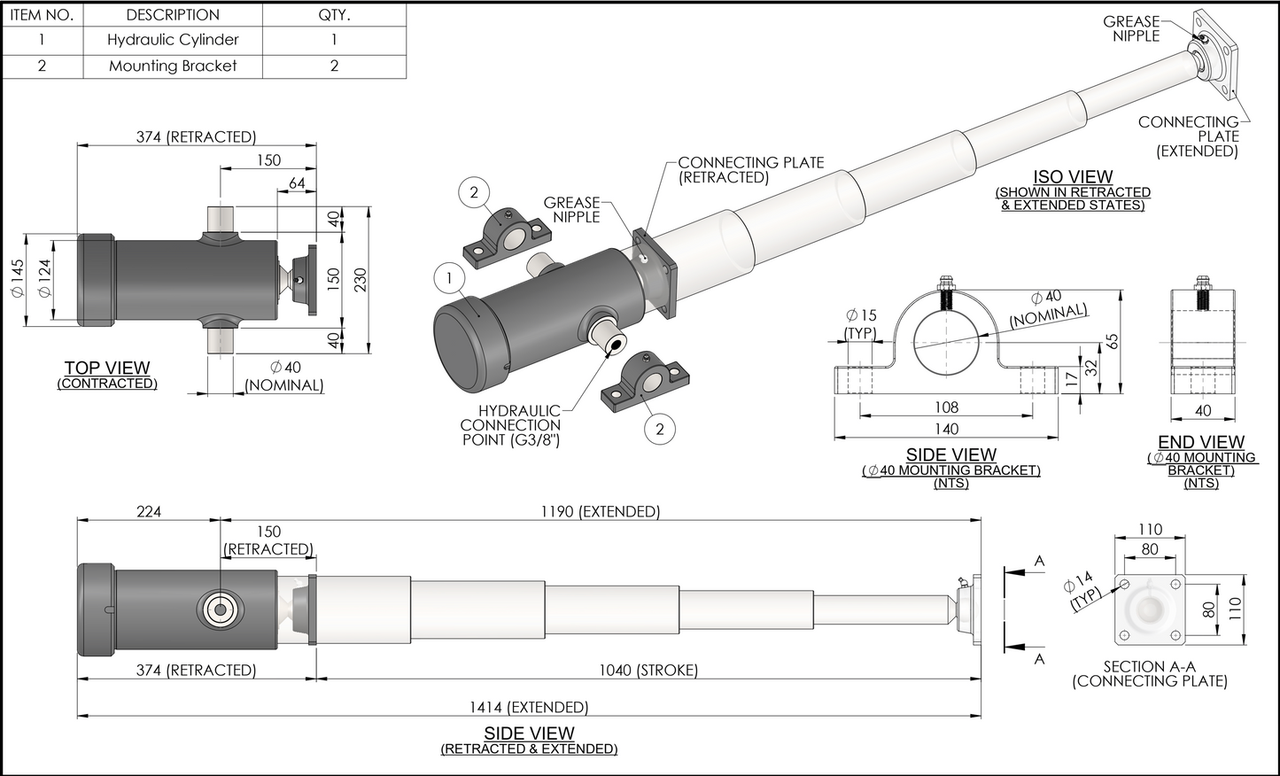 1040 MM Tipper Trailer Kit - 5 Stage Cylinder with Power Unit