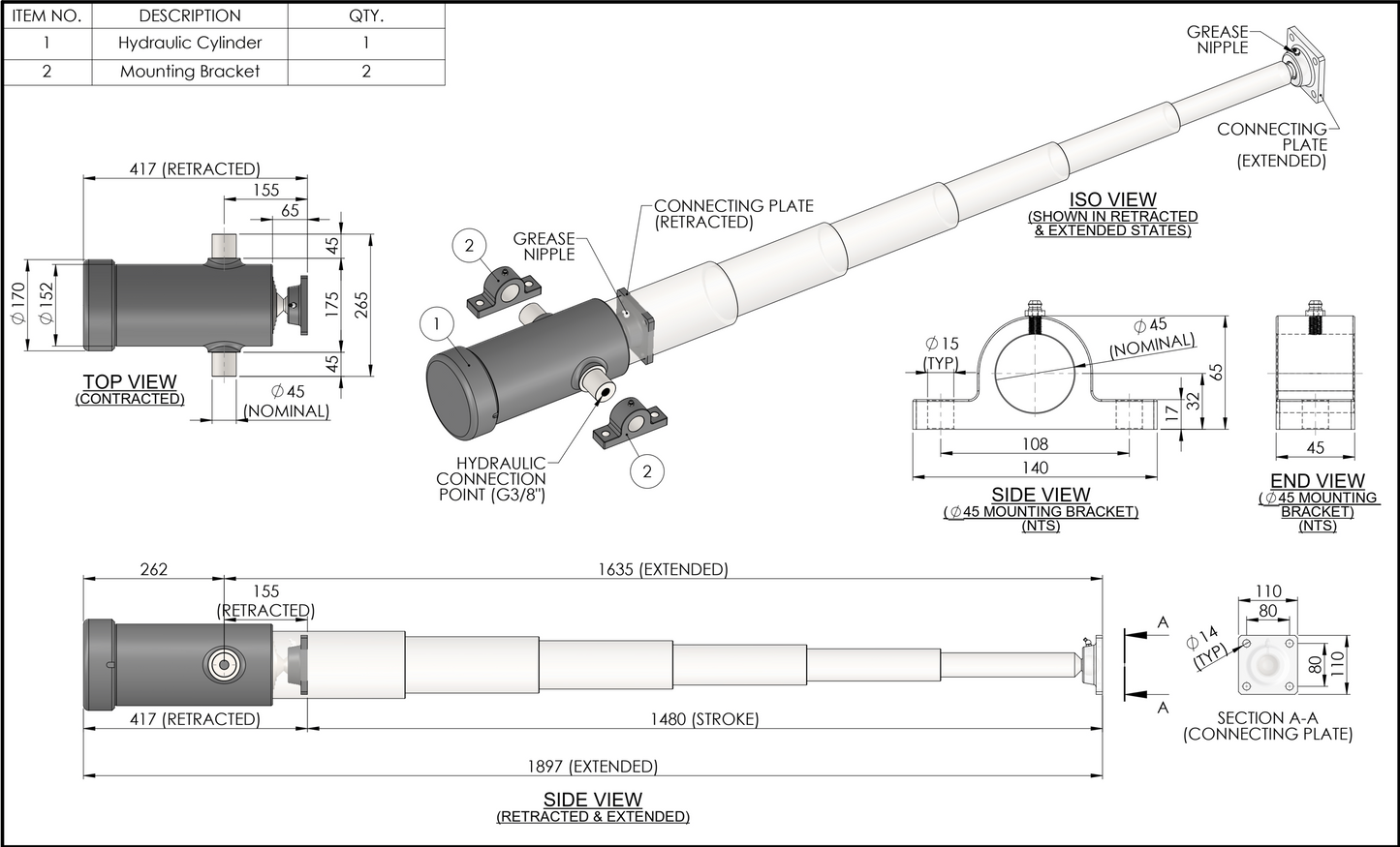 1480 MM Tipper Trailer Kit - 6 Stage Cylinder with Power Unit