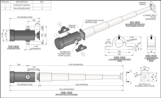 5 Stage Hydraulic Cylinder 1040mm Stroke / 6000KG Rated