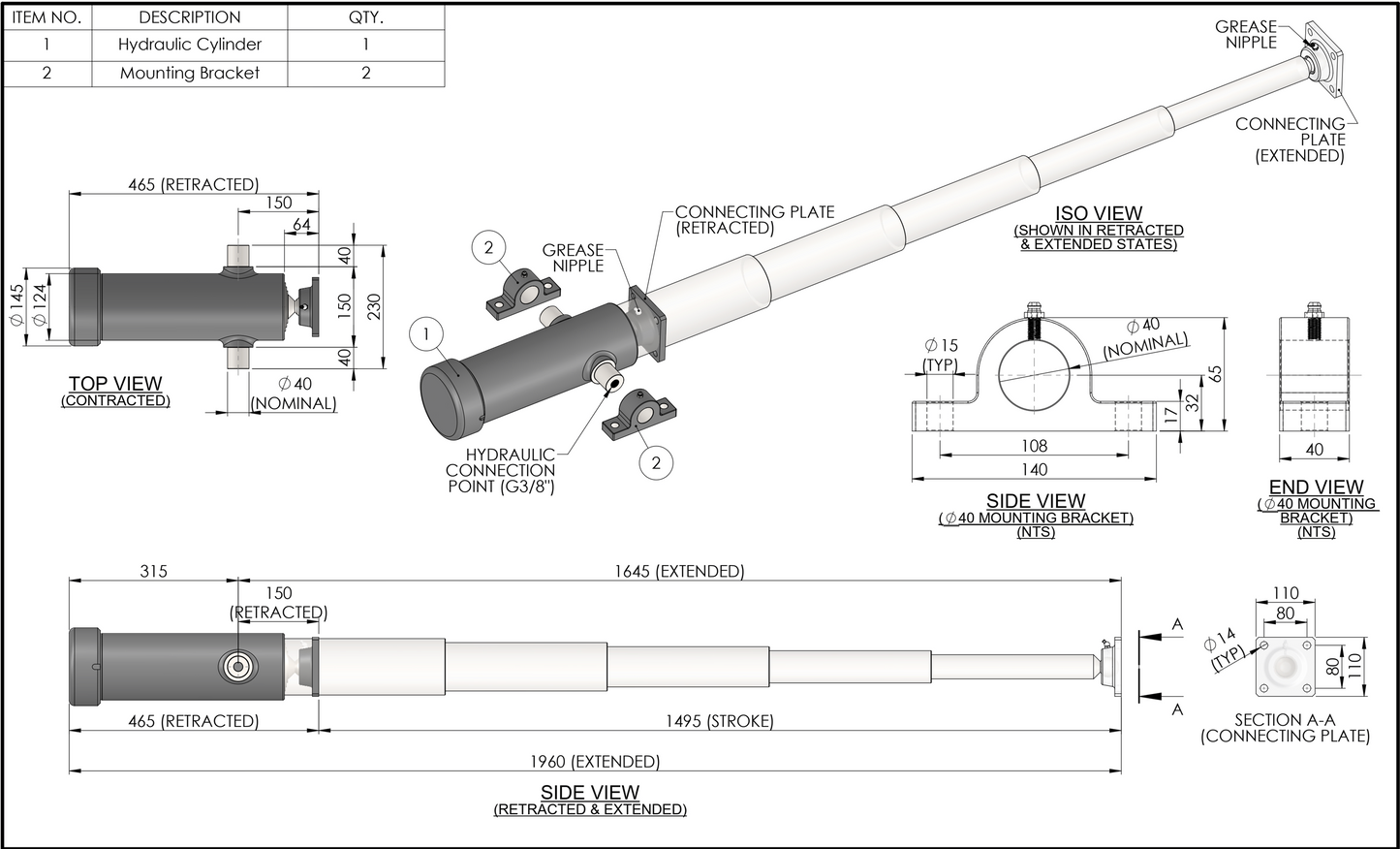 1500 MM Tipper Trailer Kit - 5 Stage Cylinder with Power Unit