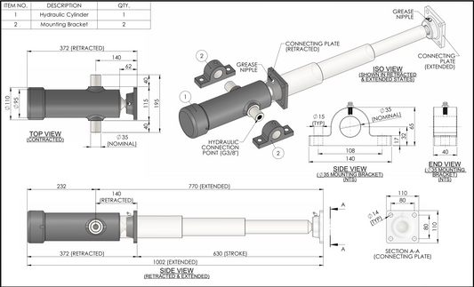 3 Stage Hydraulic Cylinder 630mm Stroke / 3000KG Rated