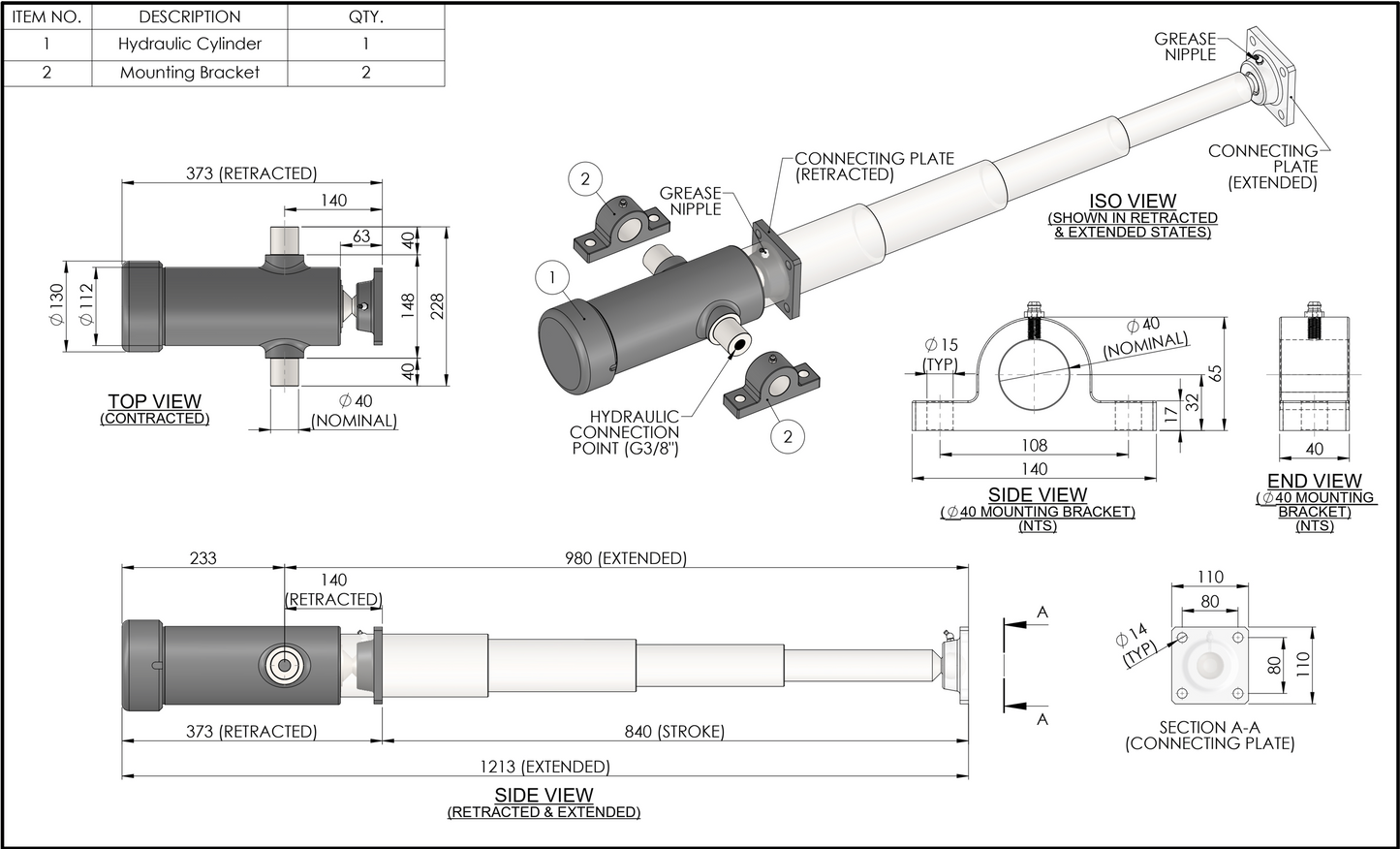 840mm Tipper Trailer Kit - 4 Stage Cylinder with Power Unit