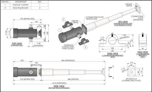 4 Stage Hydraulic Cylinder 840mm Stroke / 4600KG Rated